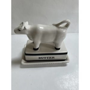 Farmyard Cow Country White Butter Dish with Lid 7” x 6.5" Cute!